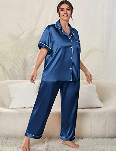 Image of SWOMOG Women's Plus Size Pajamas Silk Satin Pajama Set Short Sleeve Shirt with Full-Length Pants Pjs Sleepwear Set 18W-26W