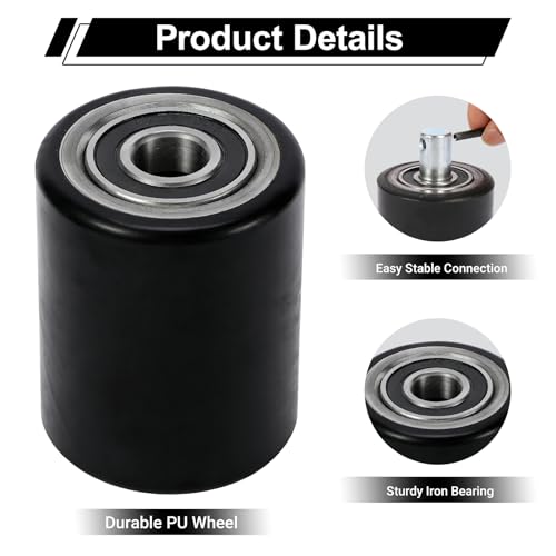Image of Two Packs of Pallet Jack /Truck Wheels 3 inch x 3.75 inch PU Poly Tread, 20mm ID Bearings, Full Set with Axles, Pins and Entry Exit Roller
