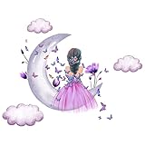 ZARROUEA ムーンガール ウォールステッカー wall stickers 紫の服の女の子の後ろ姿です 壁紙シール はがせる 白雲 花 北欧 アート おしゃれ 女の子の寝室です インテリア ポスター ウォールデコ ウォール 装飾 wall decor (A)