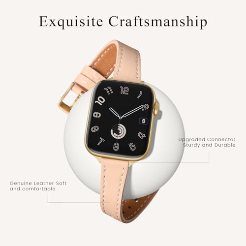 Image of STIROLL Slim Leather Bands Compatible with Apple Watch Band 38mm 40mm 41mm 42mm(Series 11 10), Top Grain Leather Watch Thin Wristband for iWatch SE 9 8 7 6 5 4 3 2 1 (Pale pink with Gold)