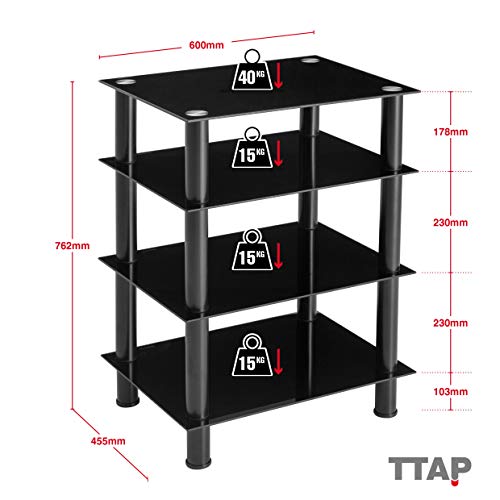 Ttap Soporte para TV y Entretenimiento, 600 mm de Ancho, con 4 estantes de Cristal Negro