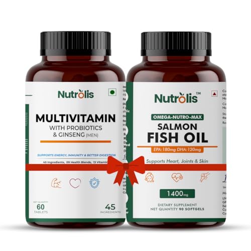 Image of Nutrolis Men's Multivitamin & Omega-3 Salmon Fish Oil Combo - Boosts Energy, Immunity & Joint Health | EPA 180mg DHA 120mg | Heart, Brain & Skin Support | 60 Tablets + 90 Softgels