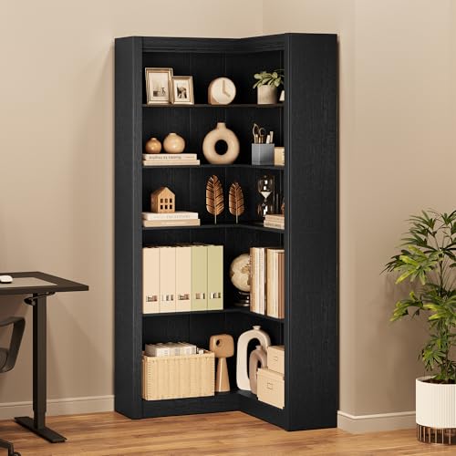 GarveeHome Corner Bookshelf, 71.8'' Black Corner Bookcase, L-Shaped Bookshelf Farmhouse Bookcase, 5 Tier Display Shelf Heavy Duty Bookcases, Bookshelves with Storage (Black)