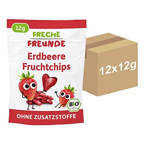 FRECHE FREUNDE Bio Fruchtchips "100% Erdbeere", gefriergetrocknet Obst Chips Erdbeere, ohne Zuckerzusatz, vegan, laktosefrei, glutenfrei, 12er Pack (12 x 12 g) Cover