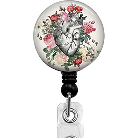 Heart and Flower Badge Reel,Retractable Name Card Badge Holder with Alligator Clip, Medical MD RN Nurse Badge ID,Office Employee Name Badge, Badge Holder Cover