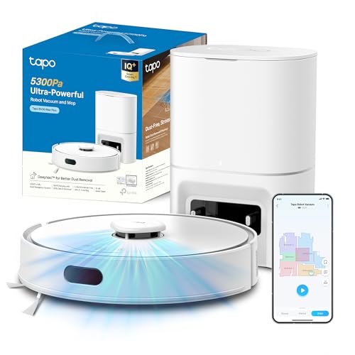 Tapo RV30 Max Plus White Robot Aspirapolvere Lavapavimenti con Mappatura 5300Pa, Svuotamento Automatico Polvere 3L, Doppia Navigazione LiDAR+IMU, Zone No-Go e Muri Virtuali, Controllo APP&Alexa&Google