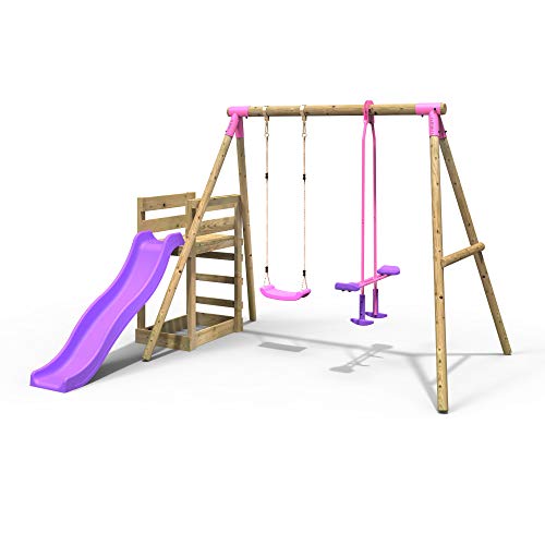 Image of Rebo® Wooden Swing Set Plus Deck and Slide - Star Pink | OutdoorToys | Glider and Standard Swing Seats, Sturdy Wooden Construction, Pressure Treated Timber