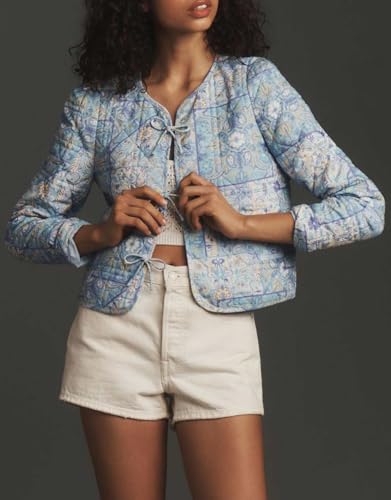 Women's Cropped Quilted Lightweight Jackets Floral Puffer Padded Jackets Casual Button Down Winter Coat Outwear4