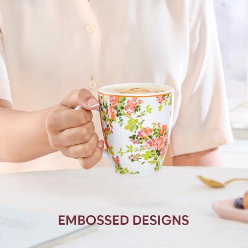 Image of Larah by BOROSIL 390ml x 2pc Opalware Amora Tea /Coffee Mug Set, Microwave & Dishwasher Safe Embossed Design Crockery Ideal for Daily Use & Gifting