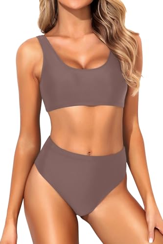 Image of Tempt Me Women Sporty Bikini Set Two Piece High Waisted Swimsuit Athletic Scoop Neck Bathing Suit