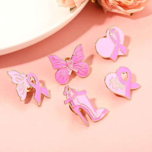 Image of Breast Cancer Awareness Pins for Women Enamel Pink Ribbon Lapel Pins Fight Breast Cancer Brooches Heart Hope Butterfly Brooch Pins Breast Cancer Awareness Jewelry Accessories Outfits