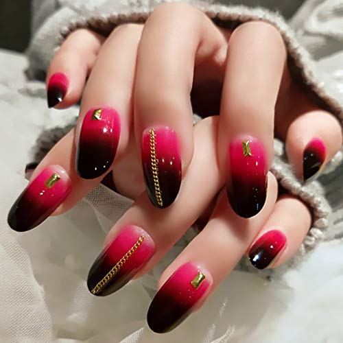 Sethexy Glossy Oval False Nails Red Black Gradient Chain Studs Full Cover Acrylic 24Pcs Fake Nail Tips for Women and Girls
