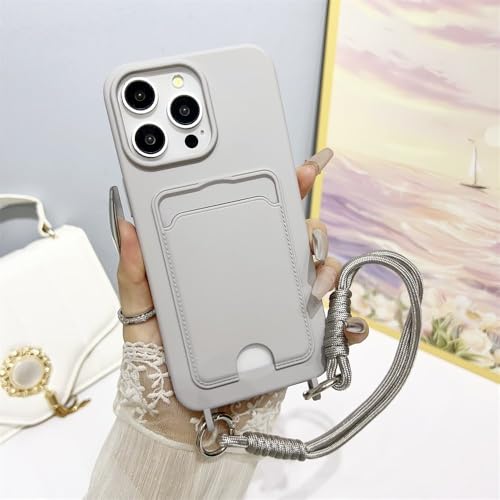 Coque silicone iPhone 16 anti-chute avec dragonne de sécurité et fente carte grise