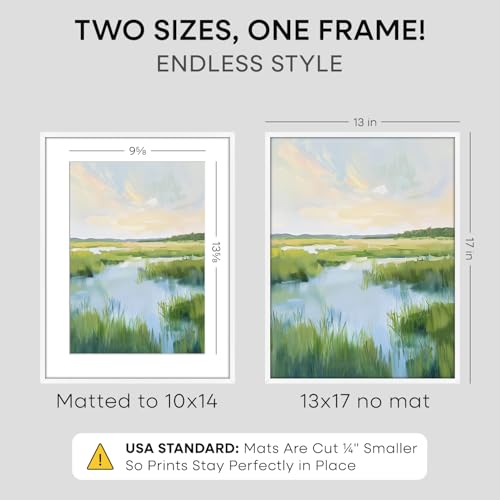 Image of Homeforia 13x17 Picture Frame White, High End Metal 13x17 Poster Frames with Mat 10x14 Photo, 13 x 17 White Frame Matted to 10 by 14 Print, 17by13 Thin Hanging Frames, Tempered Glass, Wall Kit, Set of 2