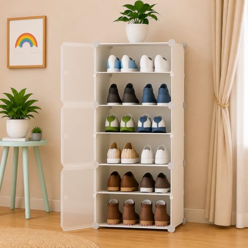 Image of Plastic Shoe Rack for Home with Door | 6-Shelf DIY Shoe Cabinet Organiser | Stores 12 Pairs | Foldable & Waterproof Shoe Stand for Entryway, Bedroom (White, 3-Door)