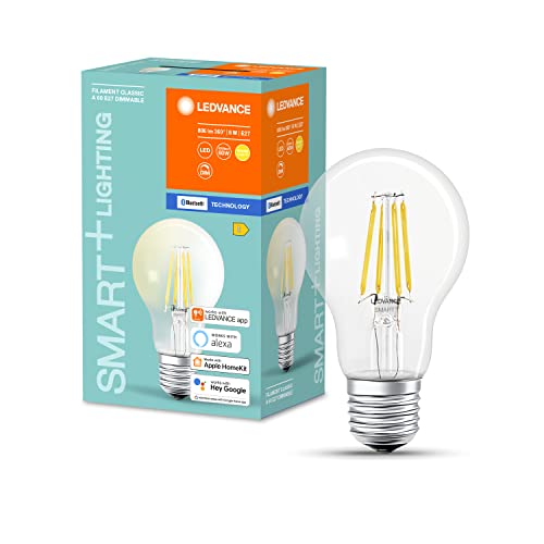 LEDVANCE Lampada Smart+ LED, tecnologia Bluetooth, E27, filament, dimmerabile, sostituisce lampadine da 50 W, bianco caldo, 2700 K, controllabile con Google, Alexa e Apple Voice Control