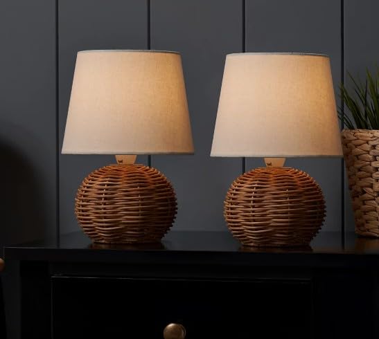 New Pair of 2 Round Matt Natural Rattan Effect Table lamp, Adds Instant Warmth and Personality to Any Room, Without Adjustable Height, Assembly Not Required, Perfect for Side Table - Org3