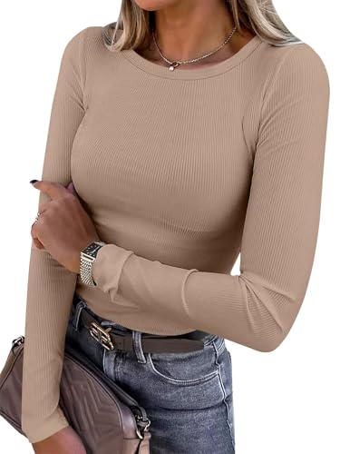Women Long Sleeve Crewneck Rib Knit Slim Fit Shirts Basic Tee Tops 2024 Casual T-Shirt Going Out Workout Outfits