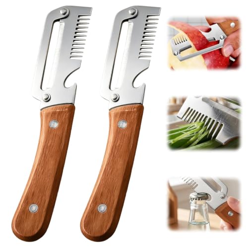 Image of 3 in 1 Vegetable Peeler with Julienne Cutter & Bottle Opener, Stainless Steel Ultra Sharp Blade, Multifunction Fruit and Vegetable Peeler, Wooden Handle Kitchen Tool