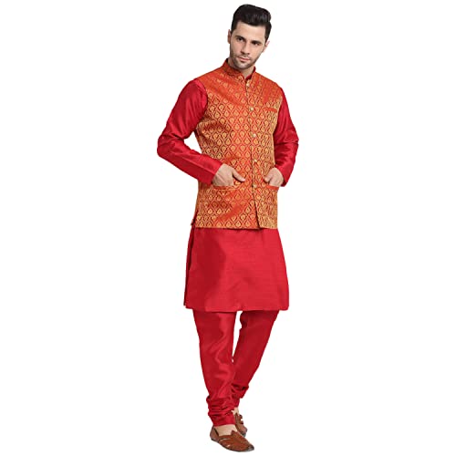Image of KRAFT INDIA Mens Gold Silk Blend Kurta and Churidar Set With Jacquard Paisley Nehru Jacket