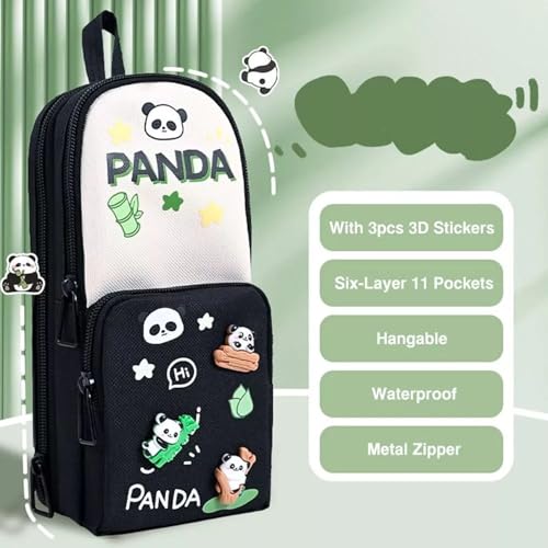 Image of Canvas Kawaii Pencil Case 3 Compartment Cute Pencil Case for Girls Large Capacity Pen Pencil Pouch for Boy Smooth Zipper Multifunctional Stationery Organizer for School Office (HT BW Panda)