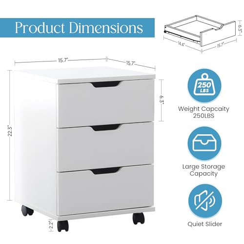 Image of Farini 3-Drawer Under Desk Wooden File Storage Cabinet with Lockable Caster for Home Office,White,Fully Assembly