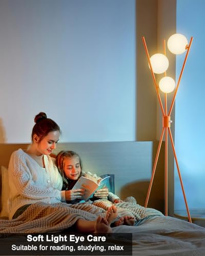 Image of Lightdot Globe Standing Lamps Stepless Dimmable Tripod Floor Lamp with 3PCS 3000K Bulbs Included Stable Base Orange Mid Century Modern Floor Lamp for Living Room /Bedroom /Sofa Beside /Corner Decor