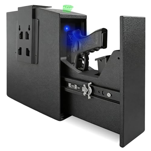 Biometric Pistol Gun Safe with Auto Sliding Door – 0.1s Quick Access Handgun Safe for Nightstand, Desk, Bedside, Truck – Fingerprint, PIN Code & Key Access Security Box