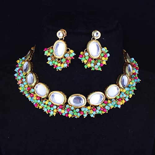 Meenakari Earring & Necklace Set, Uncut Kundan, Dibbi Choker, 18k Plated