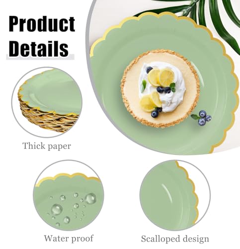 Image of HEIPINIUYE 50 Pieces Sage Green Paper Plates with Gold Foil 9 Inch Disposable Sage Scalloped Dinner Plates for Wedding Baby Shower Birthday Party Dessert Plate