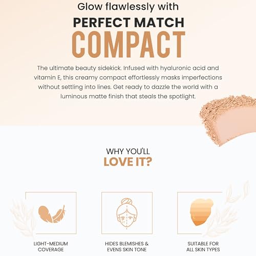 Image of Colorbar Perfect Match Parfait Marier Compact, Nude Beige, 9g | Lightweight and silky texture | Enriched with hyaluronic acid and Vitamin E