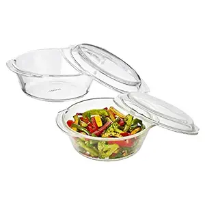 Amazon Brand - Solimo Borosilicate Glass Casserole-Cum-Serving Bowl with Lid, Safe for Use in Oven and Microwave (Deep Round, Set of 2, 1,000 Ml Each)