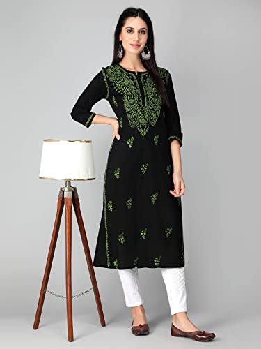 Image of Seva Chikan Hand Embroidered Lucknowi Chikankari Regular Straight Cotton Kurta Kurti for Women SCL4243