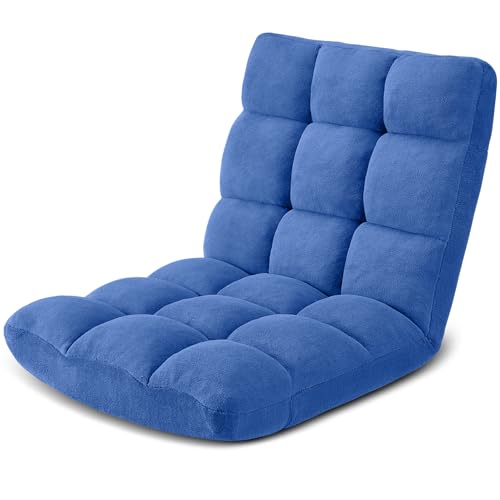 Image of Folding Floor Gaming Chair 14-Poistion Cushioned Adjustable Floor Lazy Sofa Chair w /Breathable Cotton & Skin-Friendly Velvet for Adults & Kids Perfect for Reading Gaming Meditating, Babyblue