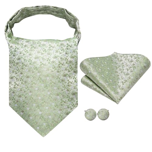 Image of Hi-Tie Silk Ascot for Men Self Tie Men's Cravat and Flower Lapel Pin Handkerchief Cufflinks Set for Wedding Party