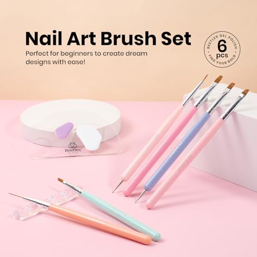 Image of Beetles Nail Art Brushes, 6pcs Nail Art Tool Set, Nail Double-headed Dotting Tools, Striping Nail Art Brushes for Long /Short Lines, Nail Drawing Pen with Nail Brush Holder&Palette For Nail Design