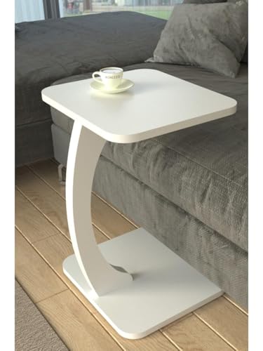 Image of Modern C-Shaped Side Table for Sofa & Bed - Multi-Purpose Laptop Table, Snack Holder, Book & Plant Stand - Compact & Sturdy Bedside Table (Brown) (White 1)