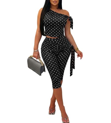 Vssjavun Women 2 Piece Outfit One Shoulder Crop Top Capri Pant Blk.Dot XS