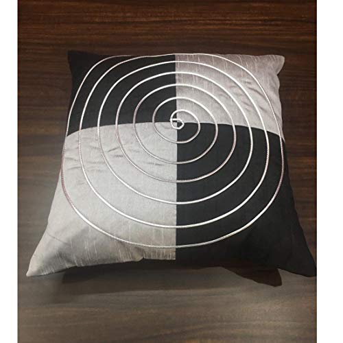 Image of Silk Dupion Spiral Maze Design Cushion Cover Set of 5 for Sofa, Living Room, Bedroom & Home Decor, Decorative Pillow Covers - Black