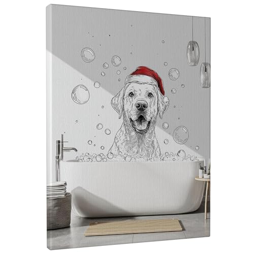Leinwandbild mit weihnachtlichem Hundebad, schwarz-weiß, Labrador-Illustrationsdrucke, Winterspaß-Badedekoration für Wohnzimmer, Badezimmer, Küche, gewickelte Leinwand, 40,6 x 50,8 cm