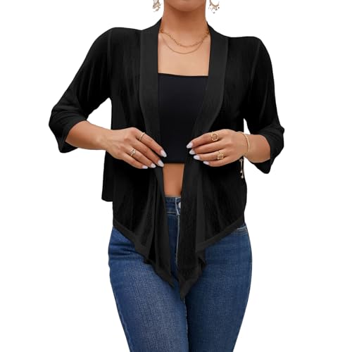 Womens White Black Shrug Sheer 3/4 Sleeve Summer Tie Front Cardigan