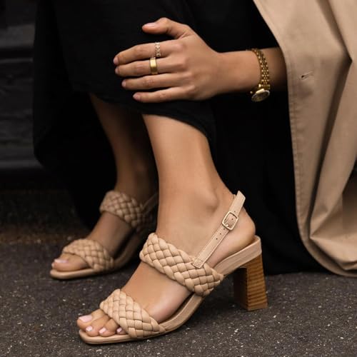 miss left Women Braided Wide Strap Open Toe Slingback Sandals Stacked Chunky High Heel Backtrap Buckle Summer Dress Shoes Size 4-16 US 5