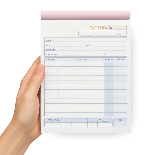 Talonarios facturas, Libreta de Facturas, Talonario para autonomos, 70 hojas, 35 juegos original + copia, autocopiativo, Matriz de corte, Tamaño 210x145 mm, Pack de 6 talonarios