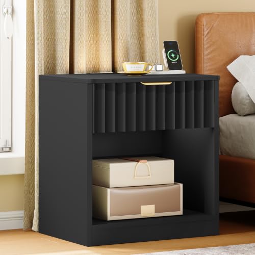 Image of TEENFON Fluted Nightstands Set of 2, Night Stand with Charging Station and LED Light, Nightstand with Storage Drawer and Open Shelf, Bedside Table for Small Space, Bedroom, Black
