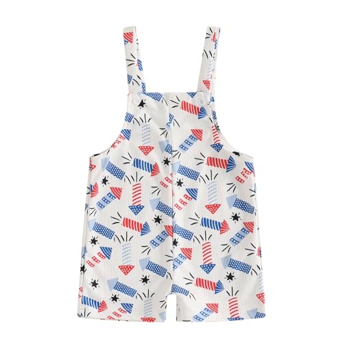 Newbgclo Toddler Baby Boys Girl 4th of July Overall Shorts Firework/US Flag Print Sleeveless Square Neck Jumpsuit (White, 0-3 Months)