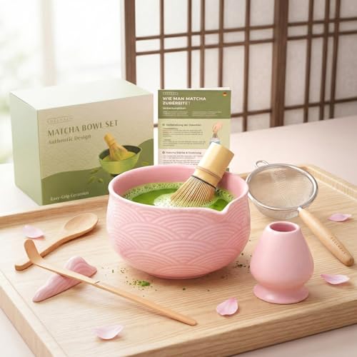 EDELHAUS Matcha Kit Whisk Set (7 Pcs) - Complete Matcha Set, Matcha Bowl with Spout, Whisk with Holder, Bamboo Scoop with Rest and Sifter, Perfect Kit for Matcha Lovers (Sakura Pink)