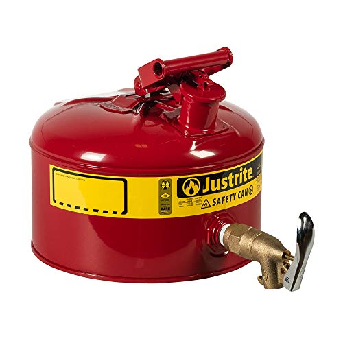 Image of Justrite 7225150 Type I Galvanized Steel Laboratory Safety Shelf Can with Rigid Brass Safety Bottom Faucet, 2.5 Gallon Capacity, Red