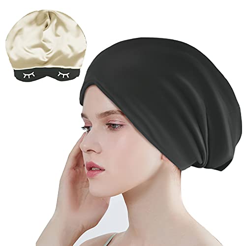 Auban Sleep Hair Wrap Bonnet Eye Cover Large Black Satin Cap for Sleeping Silk Cap Double Layer for Long Hair Curl Women Sleeping Protection Hair Beanie Block Light