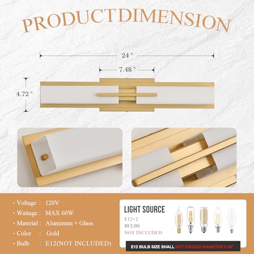 Image of VitaLink Gold Vanity Light, 24 inch Modern Bathroom Wall Light Over Vanity Mirror 2-Light Hardwired Milky White Glass Wall Light for Bedroom Living Room Dining Room Hallway