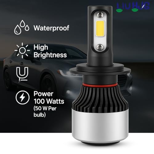 Image of LIU HJG Bright White H7 100W LED Headlight Bulb 12V Waterproof with Cooling & Heat Resistance, Universal Fit Car, Motorcycle, Truck, Van Headlight Upgrade (Pack of 2)